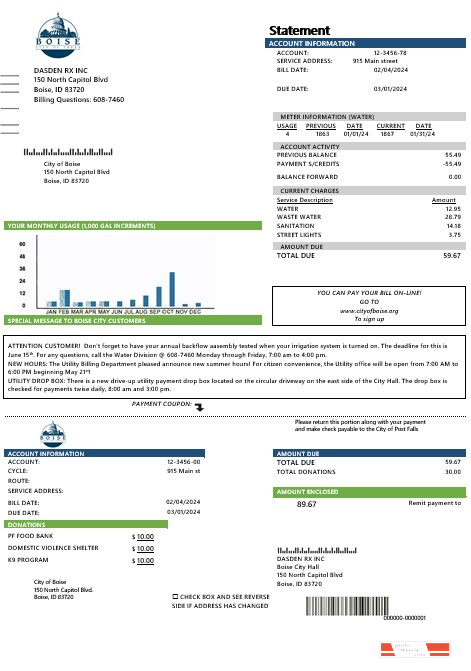 USA Idaho Boise City of Trees water business utility bill template in Word and PDF formats